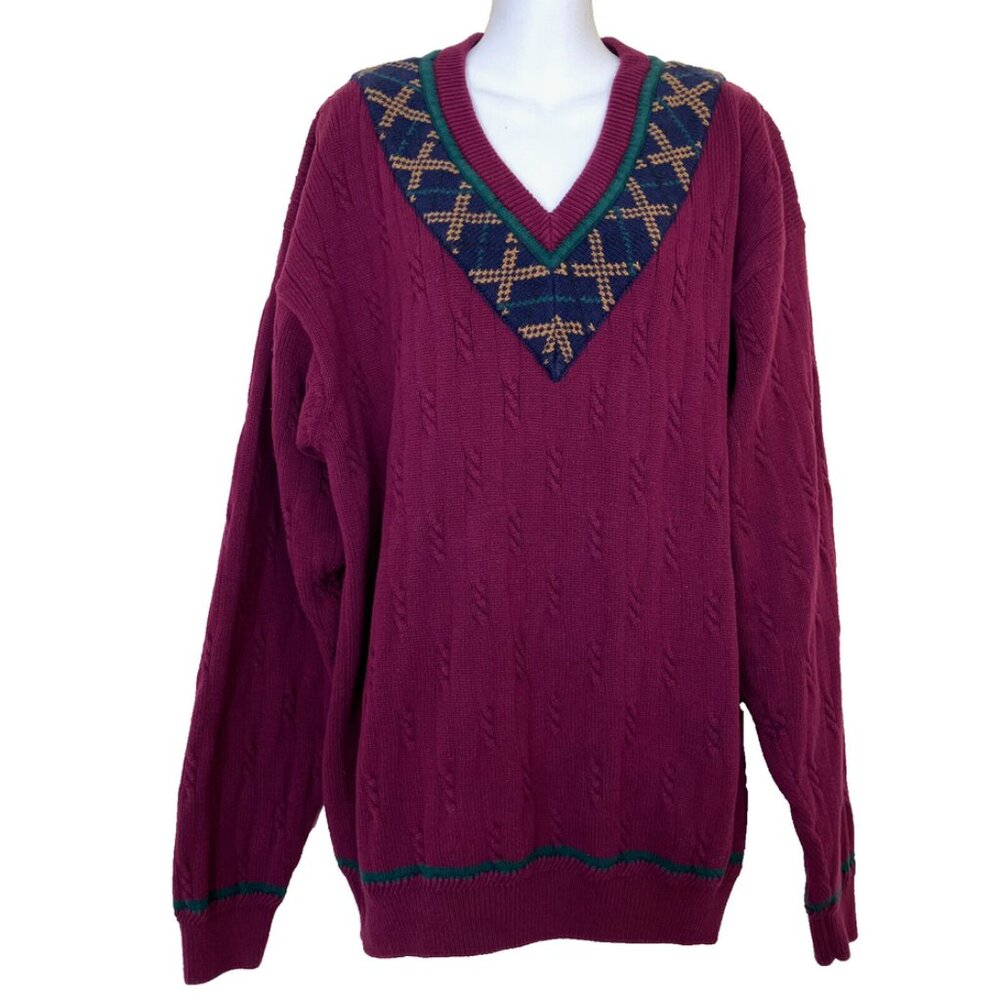 Salty Dog Gant Pullover Sweater Burgundy Cable Knit Vintage V-neck Varsity Golf